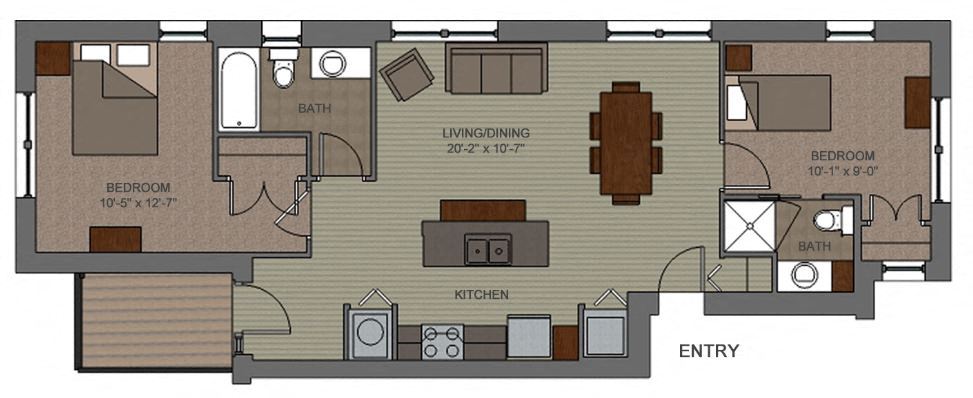 Floor plan for 2 beds, 2 baths, 822 sqft